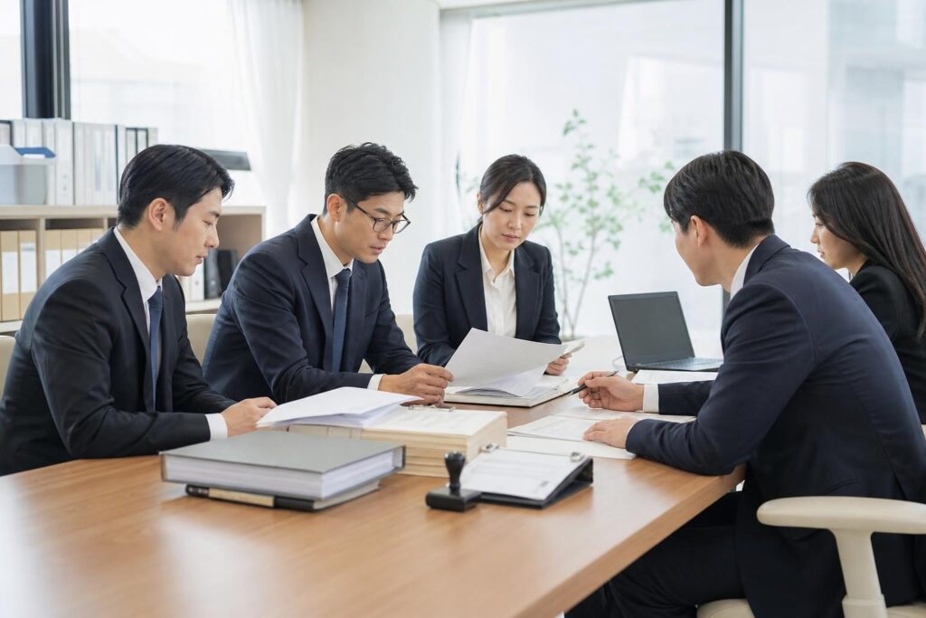한국의 사무실에서 사단법인 임원 변경 관련 정관과 행정서류를 검토하는 실무 현장