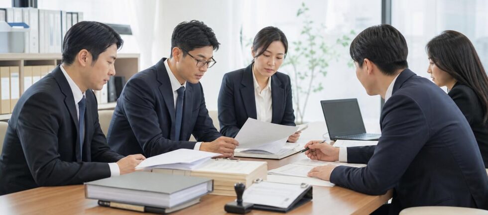 한국의 사무실에서 사단법인 임원 변경 관련 정관과 행정서류를 검토하는 실무 현장