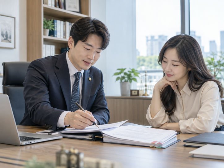 사단법인 설립 상담을 진행하는 한국인 행정사와 고객