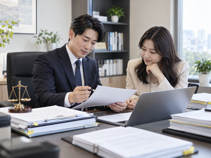 사단법인 설립 서류를 최종 검토하고 상담하는 한국인 전문가와 고객