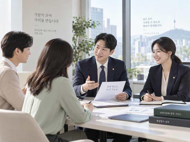 한국인 전문가와 단체 관계자들이 임의단체와 법인 아닌 단체 설립을 상담하는 모습