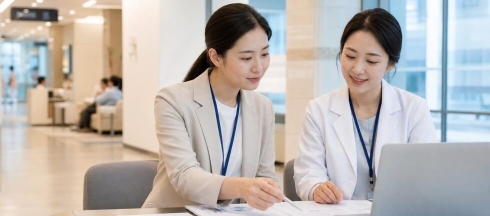 외국인환자 유치의료기관의 연간 실적자료를 점검하는 병원 행정 담당자들