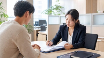 외국인 체류지 변경신고를 위해 임대차 관련 서류를 검토하는 한국 행정 상담 현장