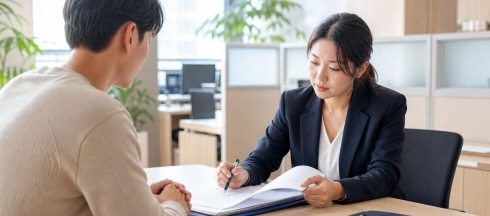 외국인 체류지 변경신고를 위해 임대차 관련 서류를 검토하는 한국 행정 상담 현장