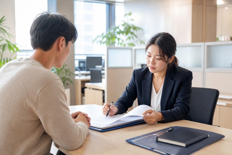 외국인 체류지 변경신고를 위해 임대차 관련 서류를 검토하는 한국 행정 상담 현장