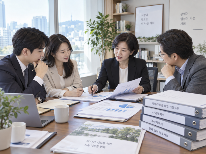 재단법인 사업계획 예산과 주무관청 제출자료를 검토하는 한국인 전문가