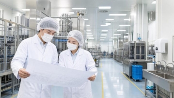 식품제조공장에서 HACCP 평면도와 작업 동선을 점검하는 실무자들