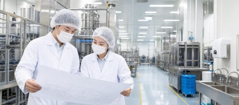 식품제조공장에서 HACCP 평면도와 작업 동선을 점검하는 실무자들