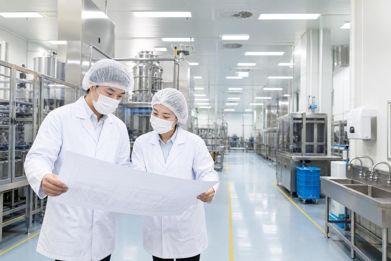 식품제조공장에서 HACCP 평면도와 작업 동선을 점검하는 실무자들