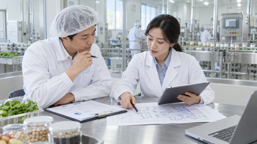 한국인 HACCP 전문가와 식품공장 담당자가 서류와 도면을 검토하는 모습