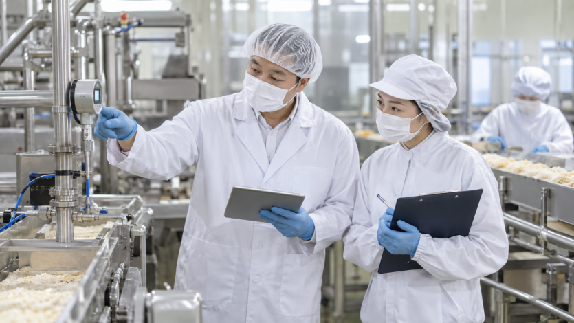 식품공장에서 CCP 모니터링과 HACCP 현장점검을 진행하는 한국인 담당자