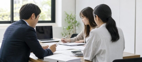 사단법인 설립을 위한 사업계획과 수지예산 자료를 검토하는 밝은 사무실 상담 현장