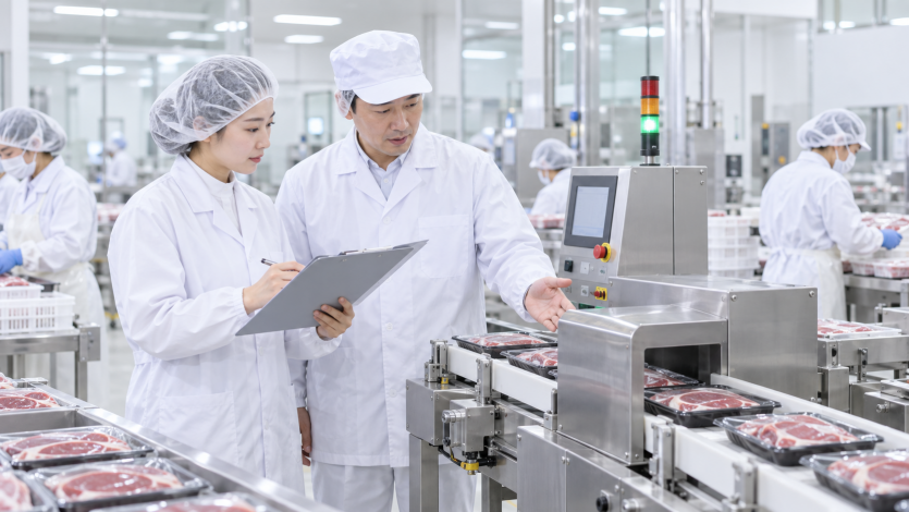 식육포장처리업 생산라인에서 금속검출과 HACCP 현장심사를 준비하는 한국인 담당자