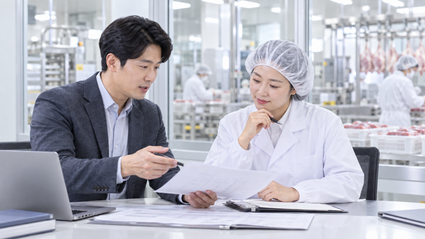 식육포장처리업 공장을 최종 점검하며 상담하는 한국인 HACCP 전문가