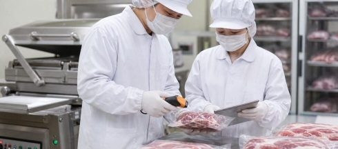 식육포장처리 작업장에서 HACCP 시범운영 기록과 제품 상태를 확인하는 모습