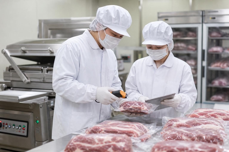 식육포장처리 작업장에서 HACCP 시범운영 기록과 제품 상태를 확인하는 모습