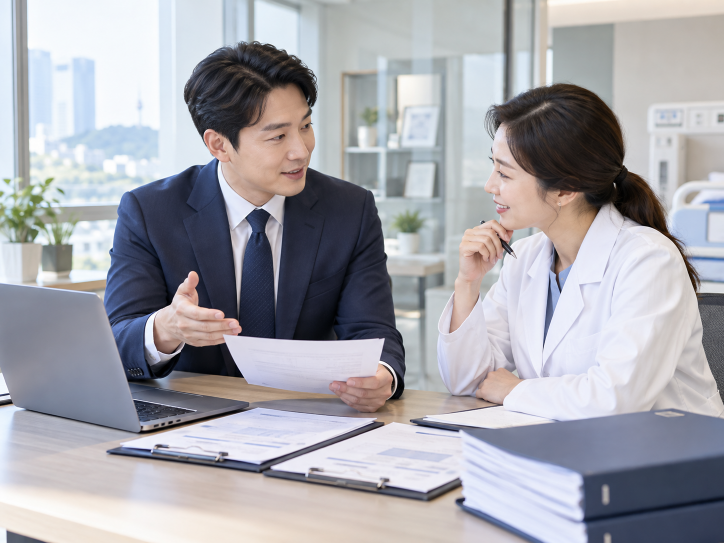 외국인환자 유치기관 등록 상담을 진행하는 한국인 전문가와 의료진