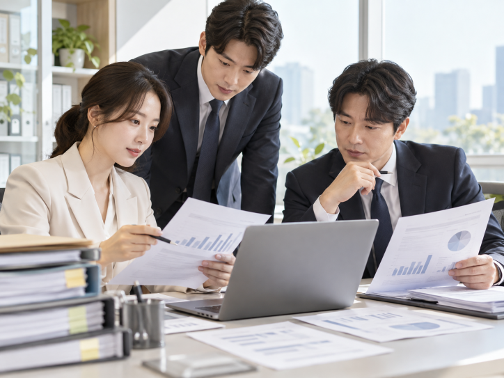 외국인환자 유치기관 등록 운영계획을 검토하는 한국인 실무진