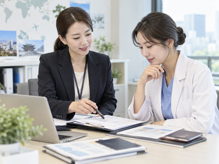 외국인환자 유치기관 최종 상담을 진행하는 한국인 전문가와 의료진