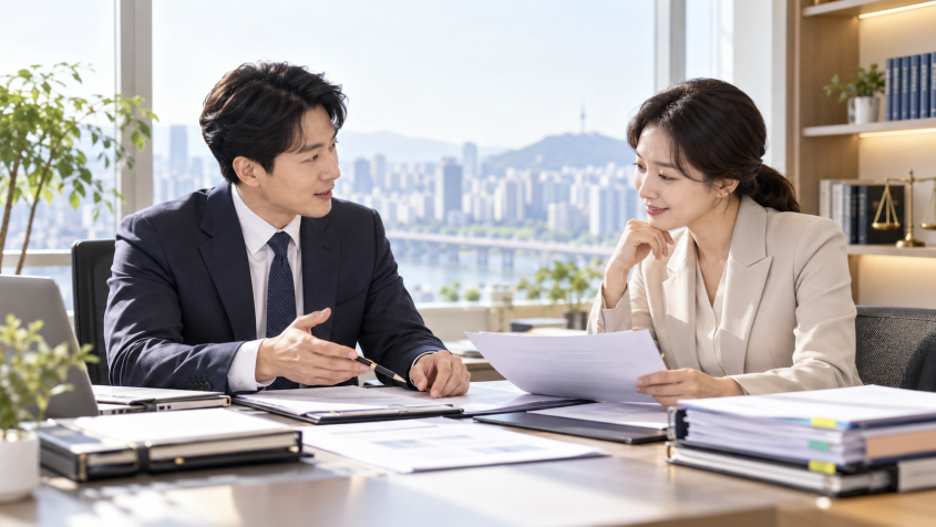 비영리법인 수익사업 개시신고를 상담하는 한국인 전문가와 법인 담당자