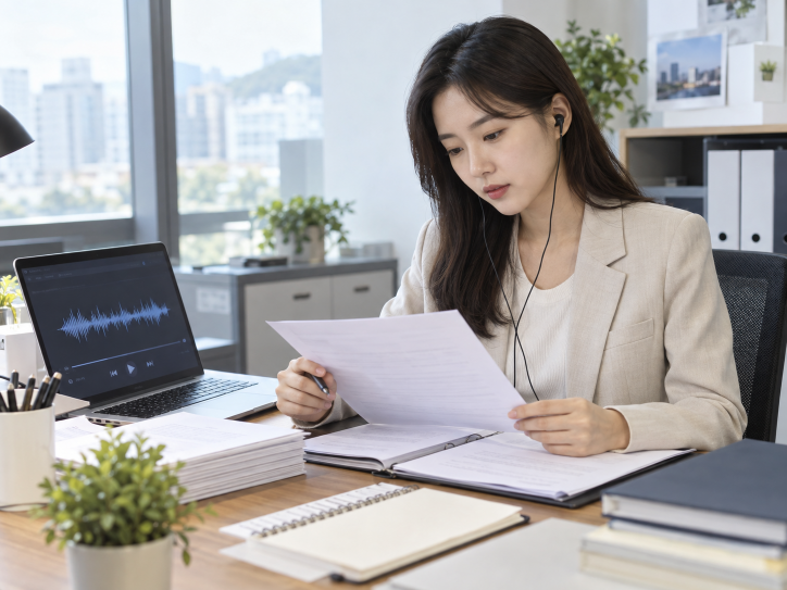 녹음 원본파일과 녹취록을 함께 검토하는 장면