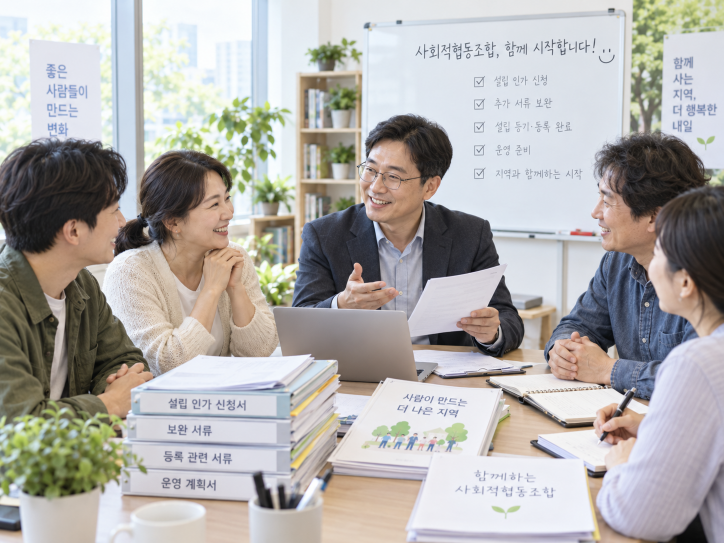 사회적협동조합 주사업 40퍼센트 사업계획 예산 세부사업계획을 검토하는 한국인 전문가