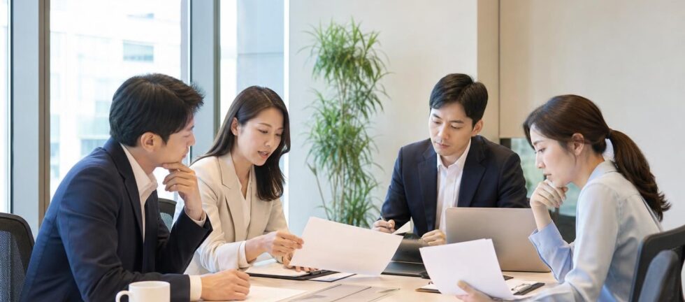한국인 실무자들이 회의실에서 사단법인 정관과 목적사업을 검토하는 모습