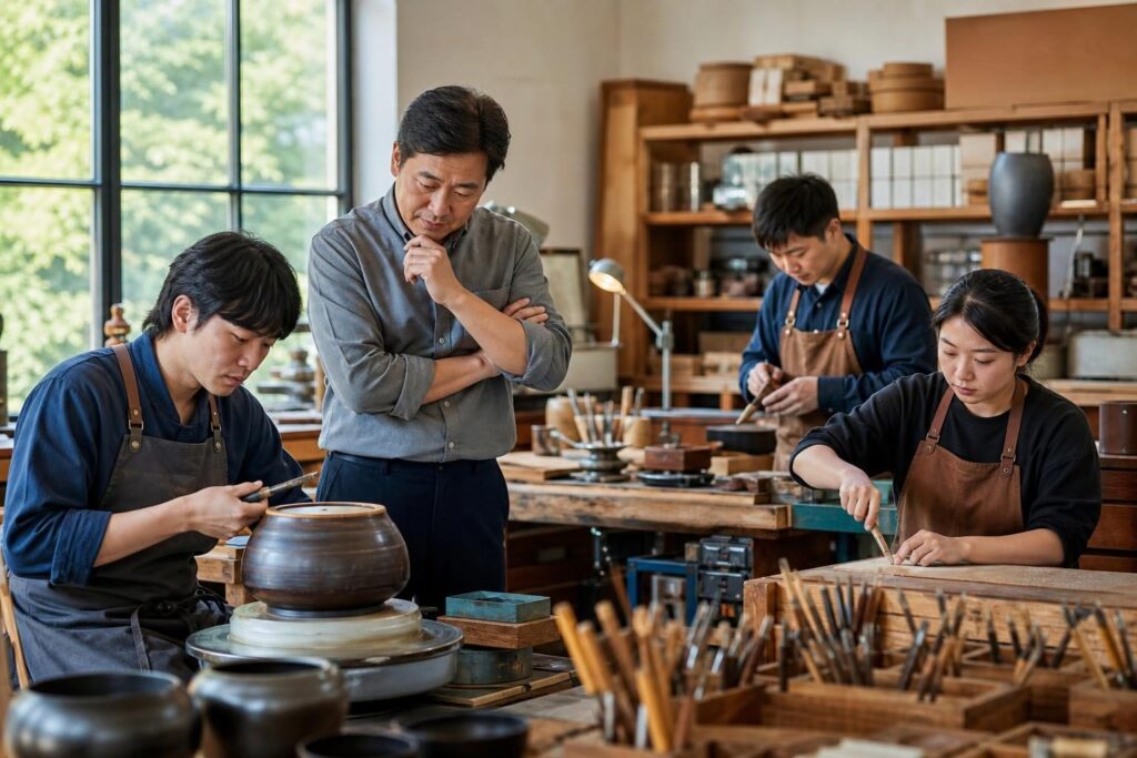 전통공예 전승단체 구성원들이 역할을 나누어 제작 공정을 실연하는 모습
