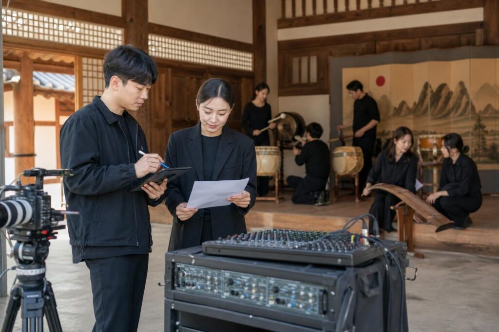 보유단체 인정 현장조사를 앞두고 실연 공간과 장비를 점검하는 모습